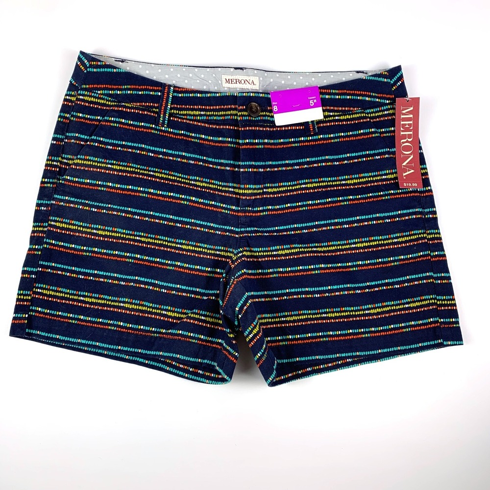 Merona Chino Shorts Navy Colorful Stripe Womens Sz 8 5" inseam 100% Cotton SEE